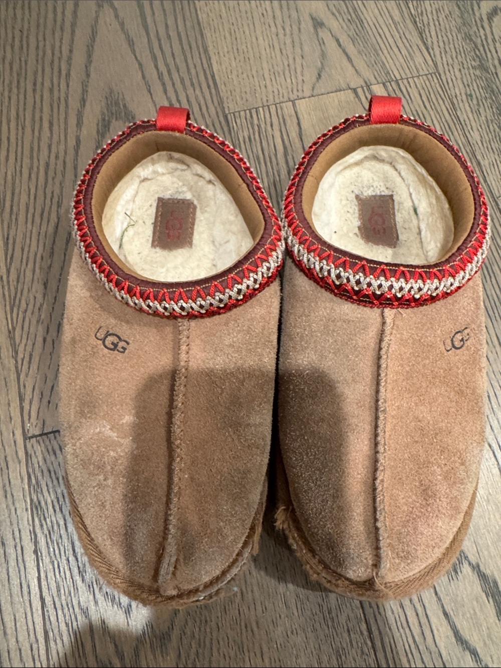 UGG Kids Chestnut Suede Slippers with Red Trim